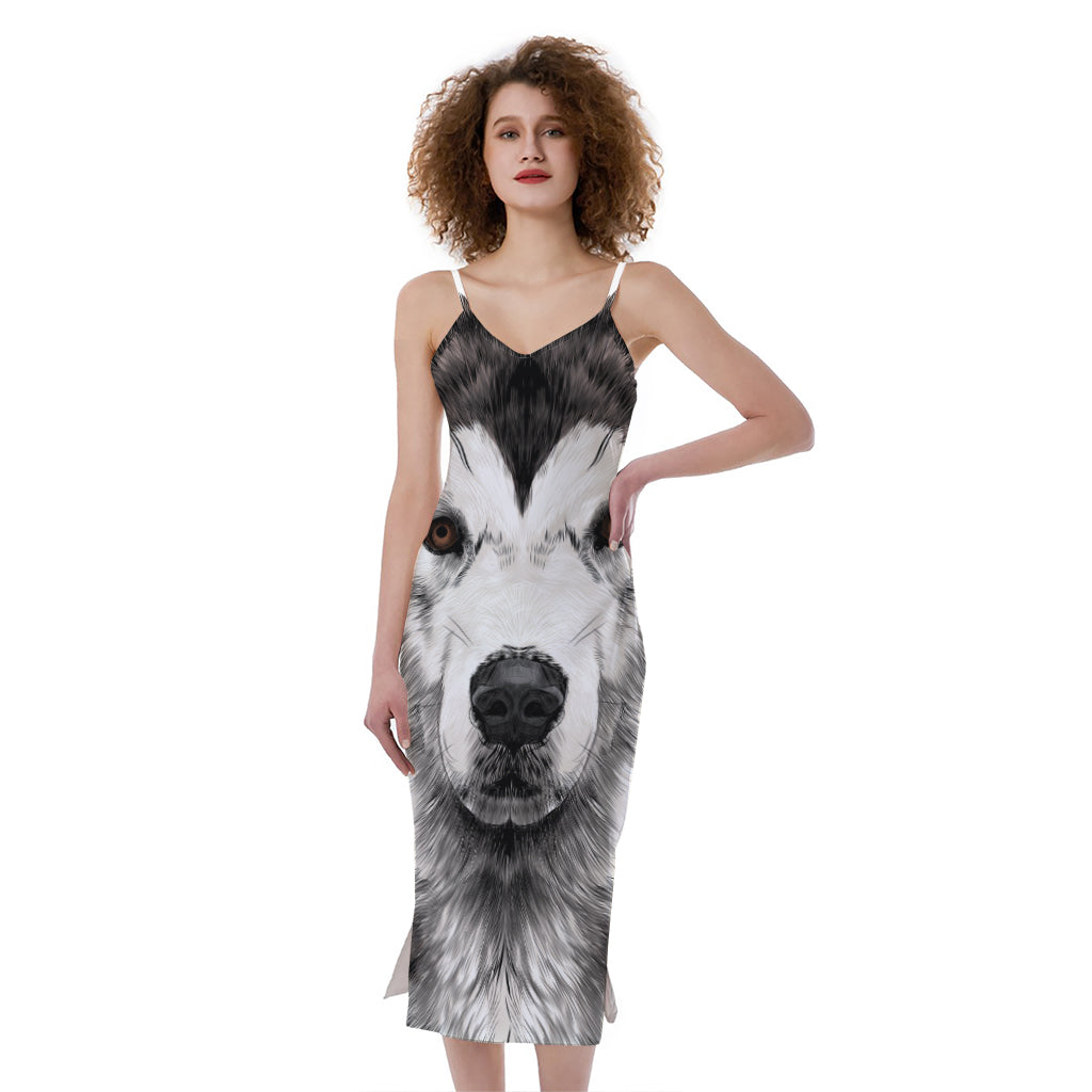 Hand Drawn Alaskan Malamute Print Slim Fit Midi Cami Dress