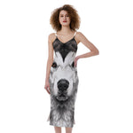 Hand Drawn Alaskan Malamute Print Slim Fit Midi Cami Dress
