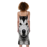 Hand Drawn Alaskan Malamute Print Slim Fit Midi Cami Dress