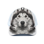 Hand Drawn Alaskan Malamute Print White Mesh Trucker Cap