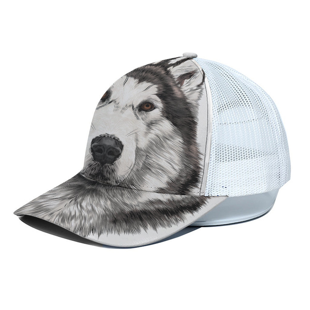 Hand Drawn Alaskan Malamute Print White Mesh Trucker Cap