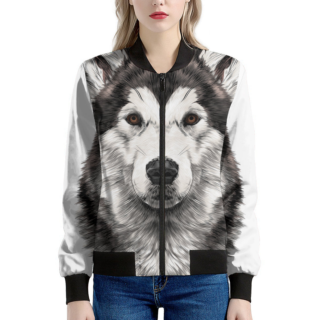 Hand Drawn Alaskan Malamute Print Women's Bomber Jacket