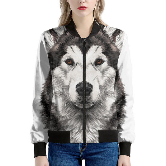 Hand Drawn Alaskan Malamute Print Women's Bomber Jacket