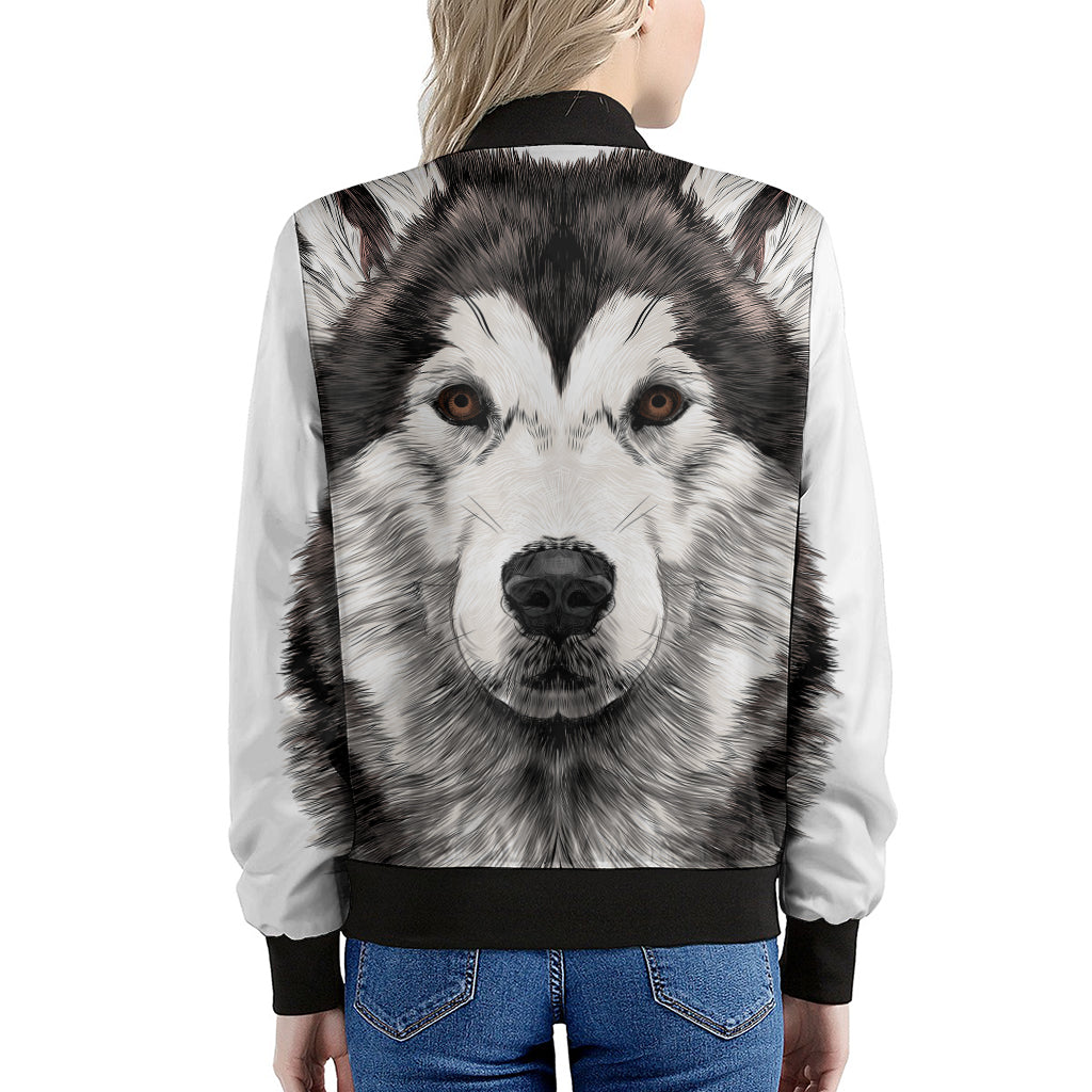 Hand Drawn Alaskan Malamute Print Women's Bomber Jacket