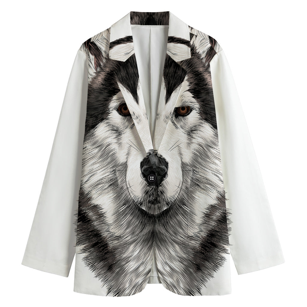 Hand Drawn Alaskan Malamute Print Women's Cotton Blazer