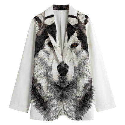 Hand Drawn Alaskan Malamute Print Women's Cotton Blazer