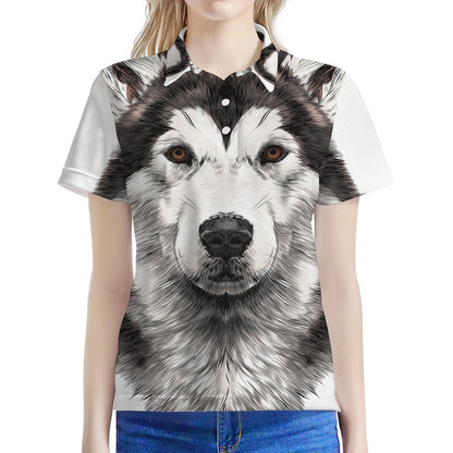 Hand Drawn Alaskan Malamute Print Women's Polo Shirt