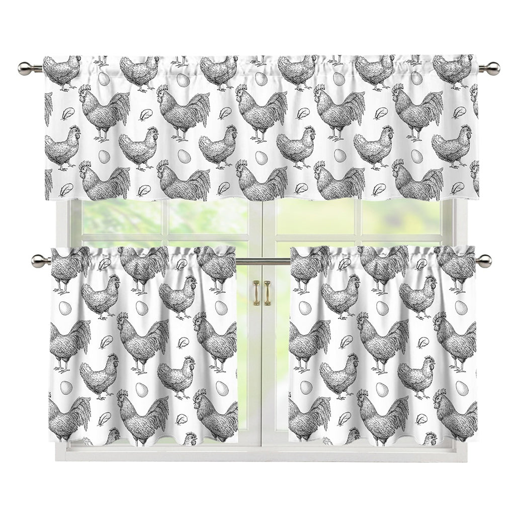 Hand Drawn Chicken Pattern Print 3 Piece Kitchen Curtains