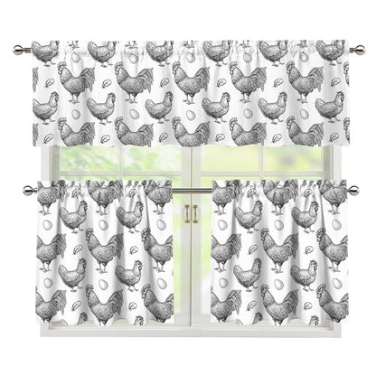 Hand Drawn Chicken Pattern Print 3 Piece Kitchen Curtains