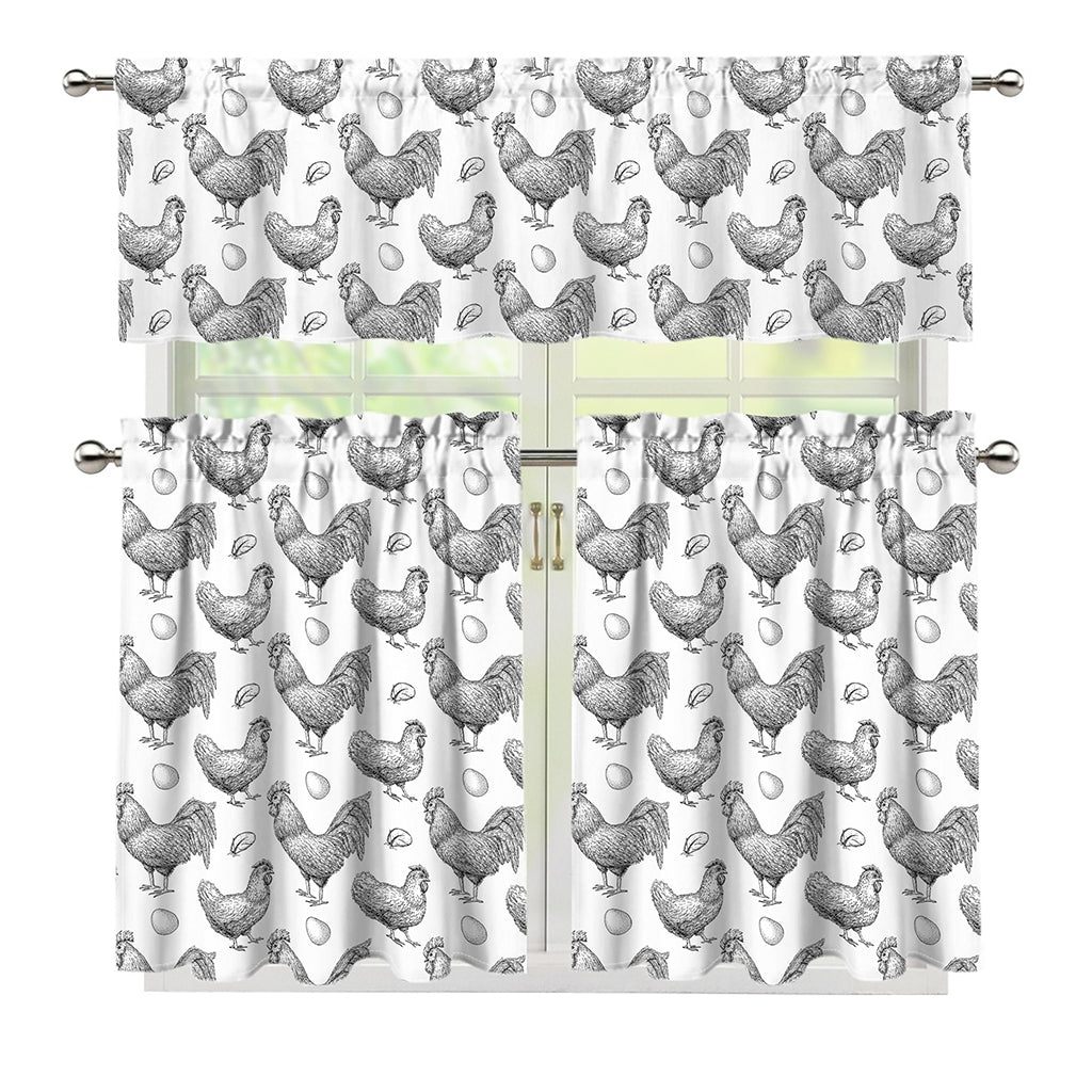 Hand Drawn Chicken Pattern Print 3 Piece Kitchen Curtains