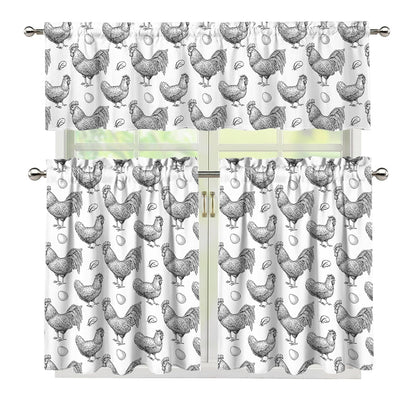 Hand Drawn Chicken Pattern Print 3 Piece Kitchen Curtains