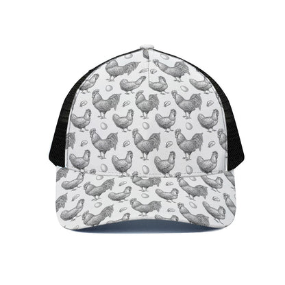 Hand Drawn Chicken Pattern Print Black Mesh Trucker Cap