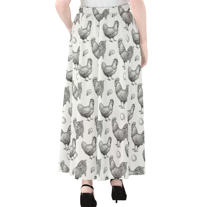 Hand Drawn Chicken Pattern Print Chiffon Maxi Skirt