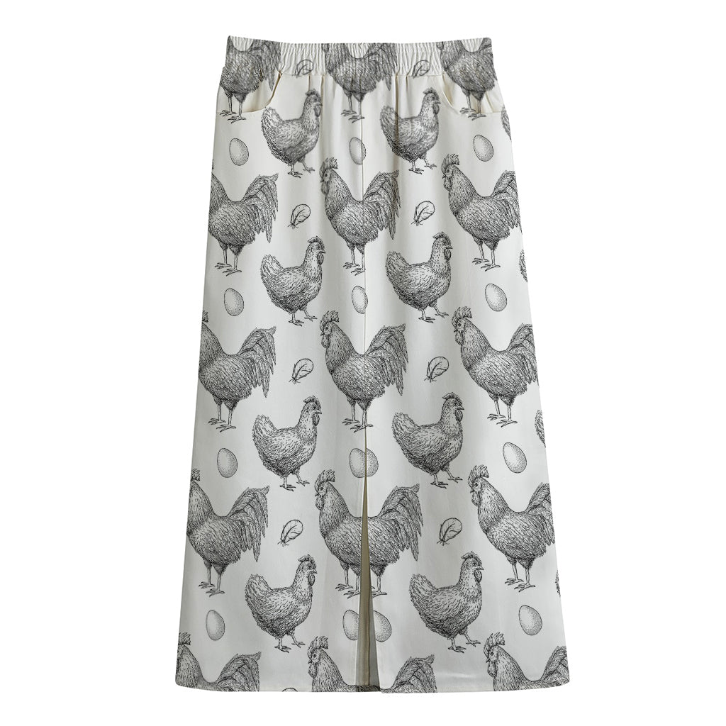Hand Drawn Chicken Pattern Print Cotton Front Slit Maxi Skirt