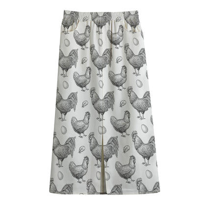 Hand Drawn Chicken Pattern Print Cotton Front Slit Maxi Skirt