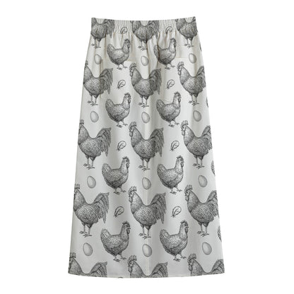 Hand Drawn Chicken Pattern Print Cotton Front Slit Maxi Skirt