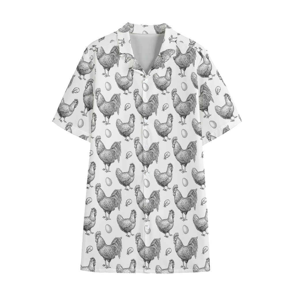 Hand Drawn Chicken Pattern Print Cotton Hawaiian Shirt
