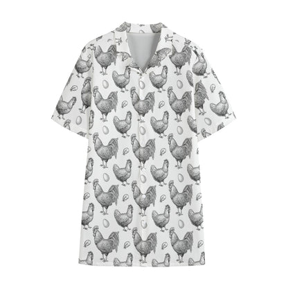 Hand Drawn Chicken Pattern Print Cotton Hawaiian Shirt
