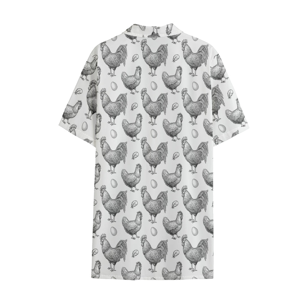 Hand Drawn Chicken Pattern Print Cotton Hawaiian Shirt