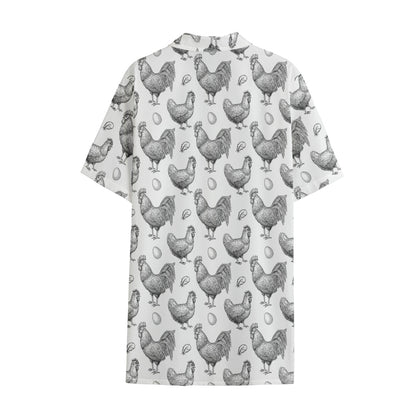 Hand Drawn Chicken Pattern Print Cotton Hawaiian Shirt