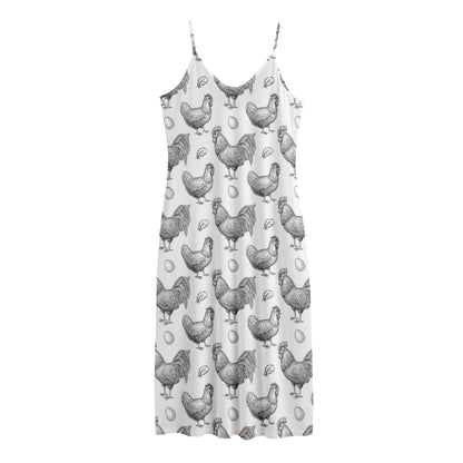Hand Drawn Chicken Pattern Print Jersey Midi Cami Dress
