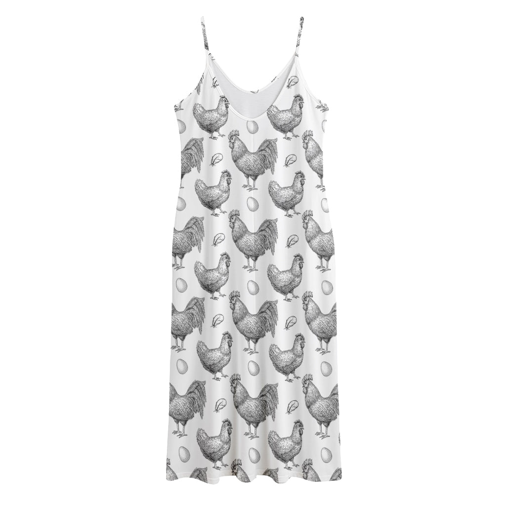 Hand Drawn Chicken Pattern Print Jersey Midi Cami Dress