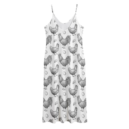 Hand Drawn Chicken Pattern Print Jersey Midi Cami Dress