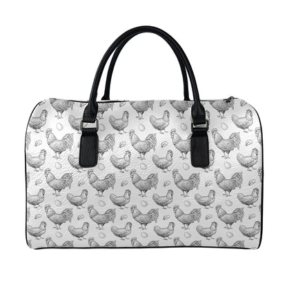 Hand Drawn Chicken Pattern Print Leather Duffle Bag