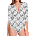 Hand Drawn Chicken Pattern Print Long Sleeve Swimsuit