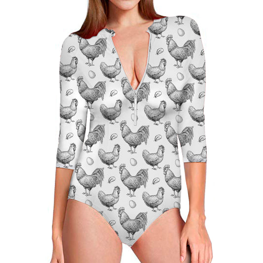 Hand Drawn Chicken Pattern Print Long Sleeve Swimsuit