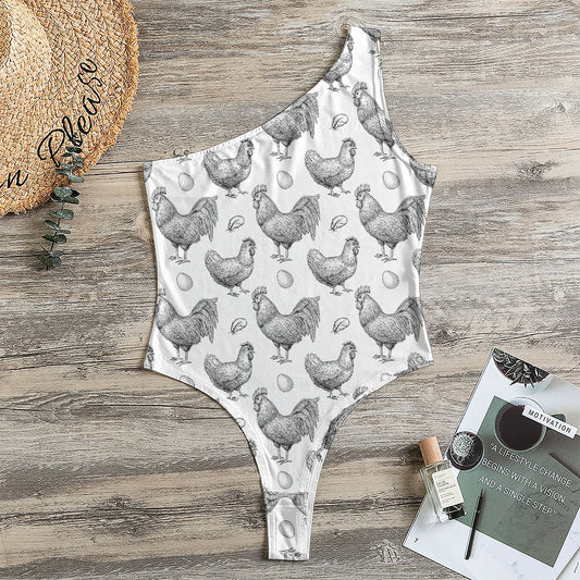 Hand Drawn Chicken Pattern Print One Shoulder Bodysuit