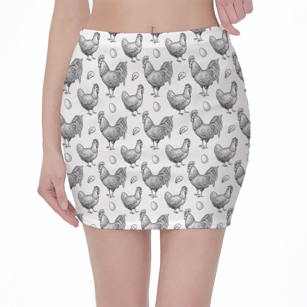 Hand Drawn Chicken Pattern Print Pencil Mini Skirt