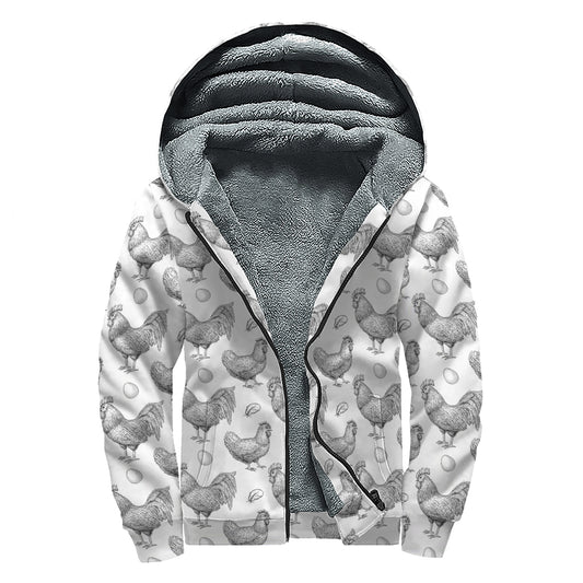Hand Drawn Chicken Pattern Print Sherpa Lined Zip Up Hoodie