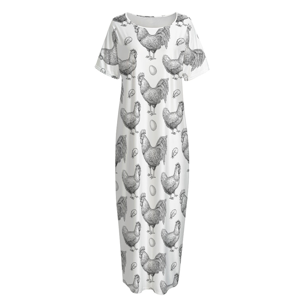 Hand Drawn Chicken Pattern Print Short Sleeve Long Nightdress