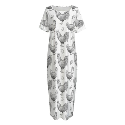 Hand Drawn Chicken Pattern Print Short Sleeve Long Nightdress