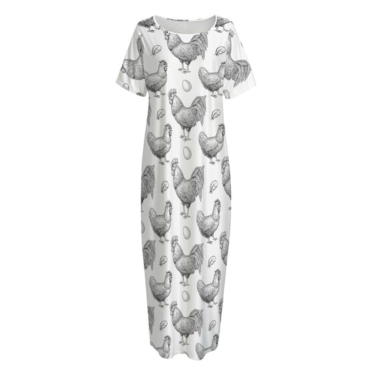 Hand Drawn Chicken Pattern Print Short Sleeve Long Nightdress