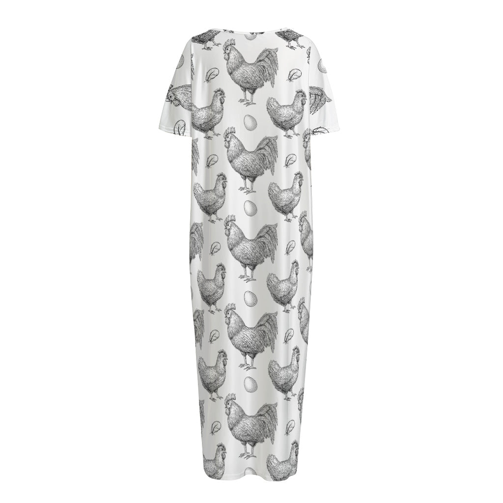 Hand Drawn Chicken Pattern Print Short Sleeve Long Nightdress
