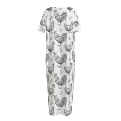 Hand Drawn Chicken Pattern Print Short Sleeve Long Nightdress
