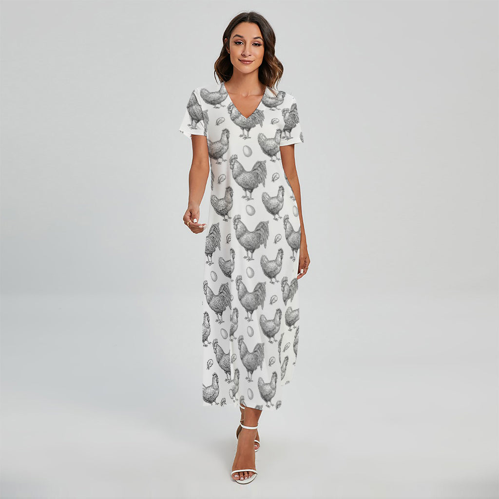 Hand Drawn Chicken Pattern Print Short Sleeve Maxi Dress