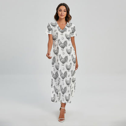 Hand Drawn Chicken Pattern Print Short Sleeve Maxi Dress