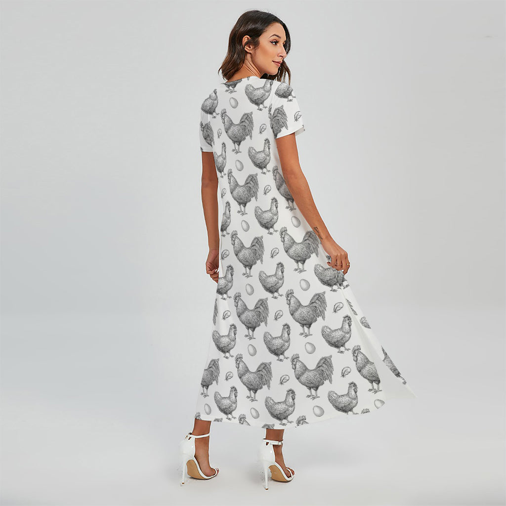 Hand Drawn Chicken Pattern Print Short Sleeve Maxi Dress
