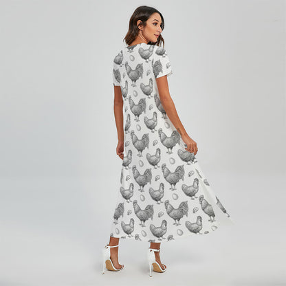 Hand Drawn Chicken Pattern Print Short Sleeve Maxi Dress