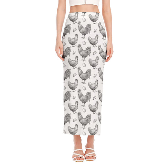 Hand Drawn Chicken Pattern Print Side Slit Maxi Skirt