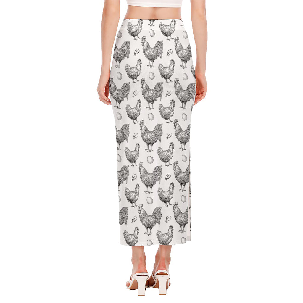 Hand Drawn Chicken Pattern Print Side Slit Maxi Skirt