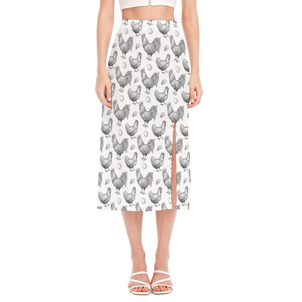 Hand Drawn Chicken Pattern Print Side Slit Midi Skirt