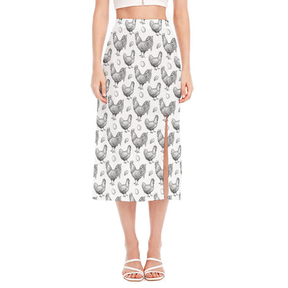 Hand Drawn Chicken Pattern Print Side Slit Midi Skirt