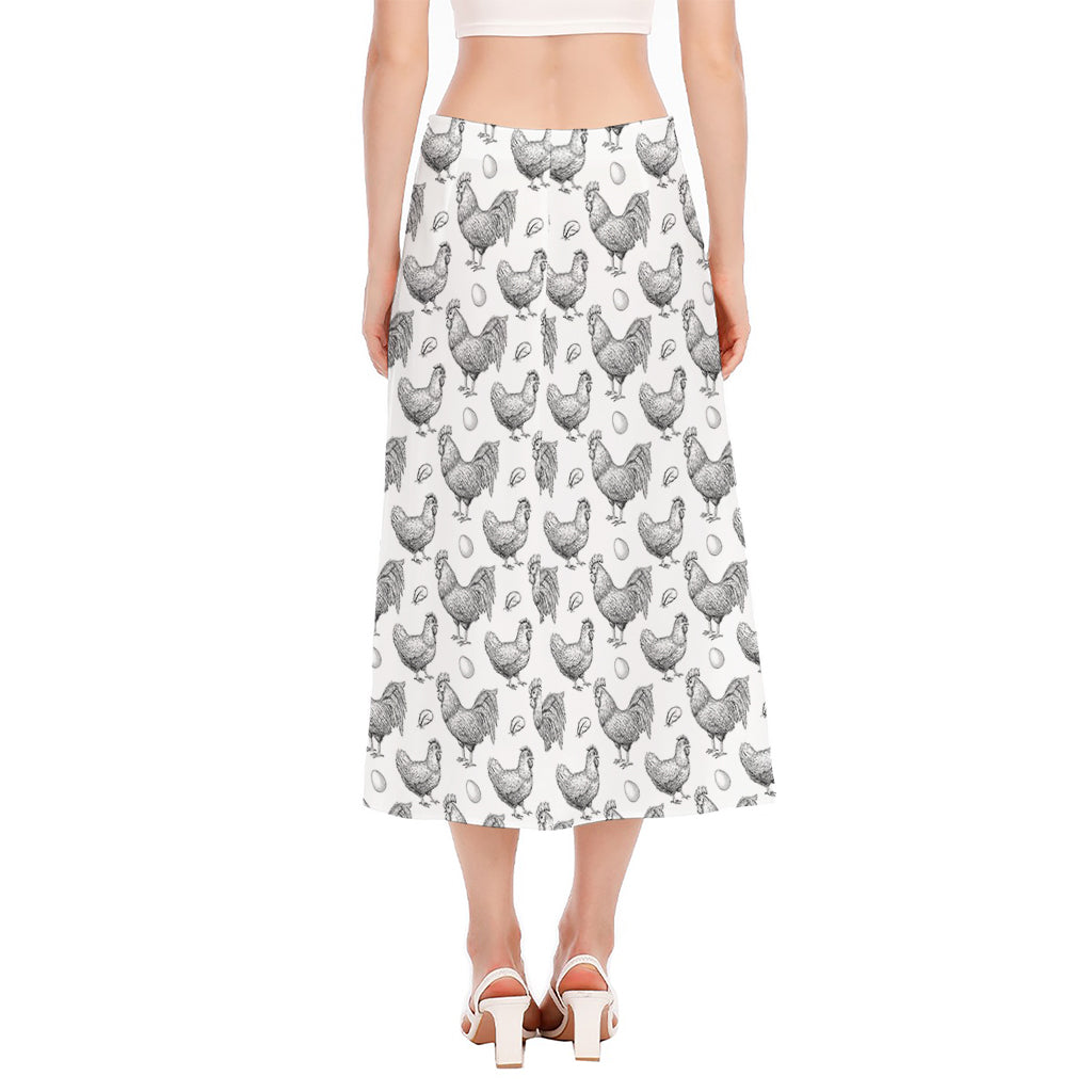 Hand Drawn Chicken Pattern Print Side Slit Midi Skirt