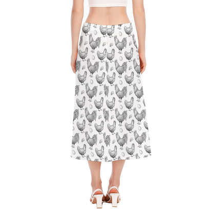 Hand Drawn Chicken Pattern Print Side Slit Midi Skirt