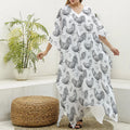 Hand Drawn Chicken Pattern Print Silk V-Neck Kaftan Dress