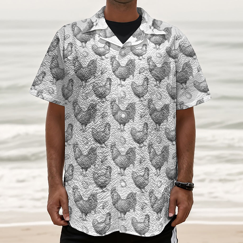 Hand Drawn Chicken Pattern Print Textured Short Sleeve Shirt
